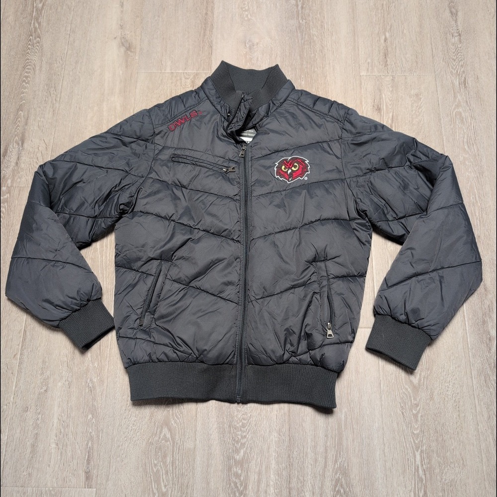 Colosseum Temple Owls Puffer Bomber Jacket Men M Gray Red Embroidered Basketball